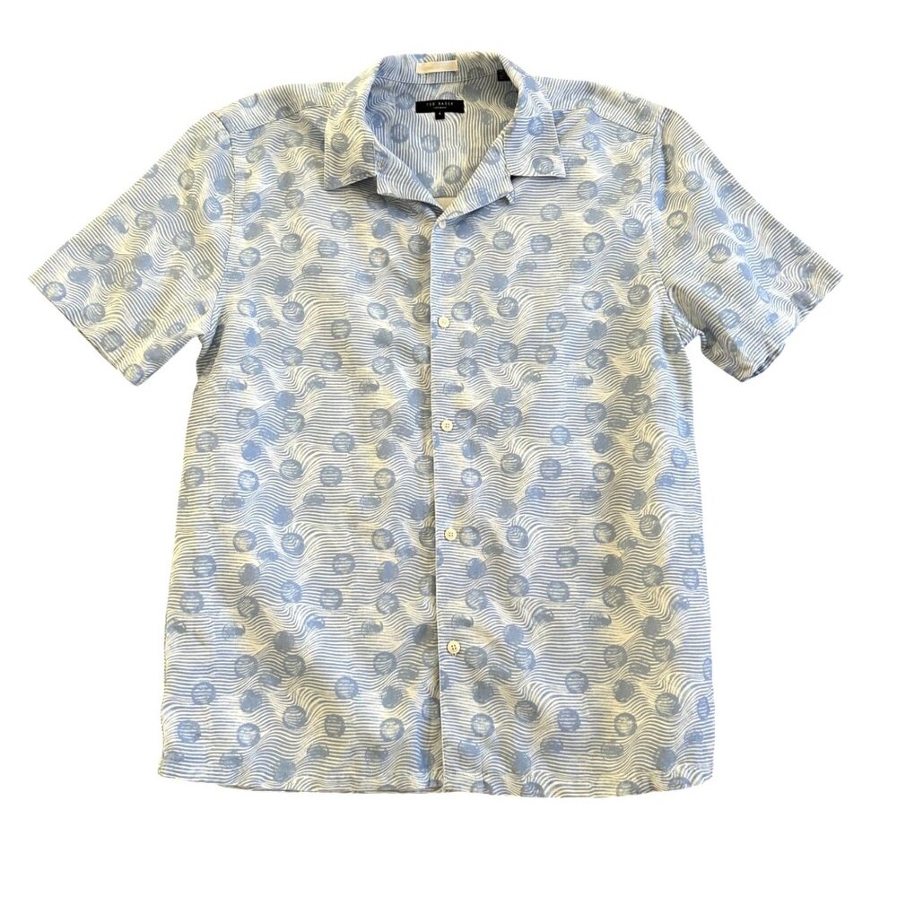 Ted Baker Mens Sz 4 Short Sleeve Button-Up Shirt Blue Pattern Casual Design